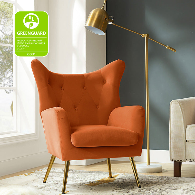 Fauteuil à oreilles en velours capitonné avec accoudoirs évasés, rembourrage en mousse et pieds en métal doré | Bleu marine / Orange / Moutarde / Sarcelle / Noir / Ivoire / Vert / Havane / Sauge / Bleu / Fuchsia | Siège unique
