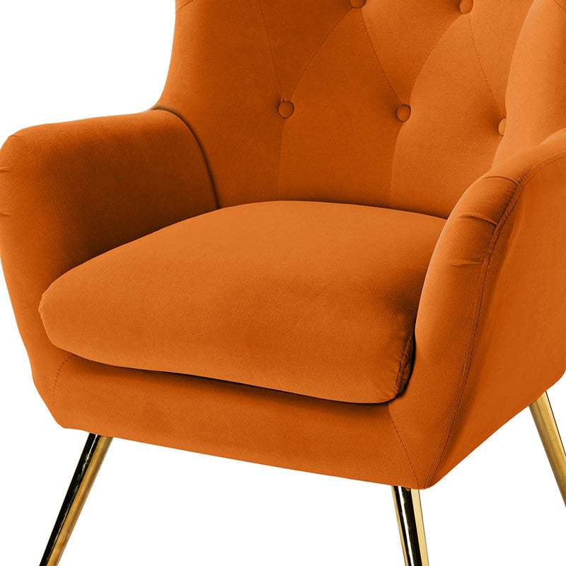 Fauteuil à oreilles en velours capitonné avec accoudoirs évasés, rembourrage en mousse et pieds en métal doré | Bleu marine / Orange / Moutarde / Sarcelle / Noir / Ivoire / Vert / Havane / Sauge / Bleu / Fuchsia | Siège unique