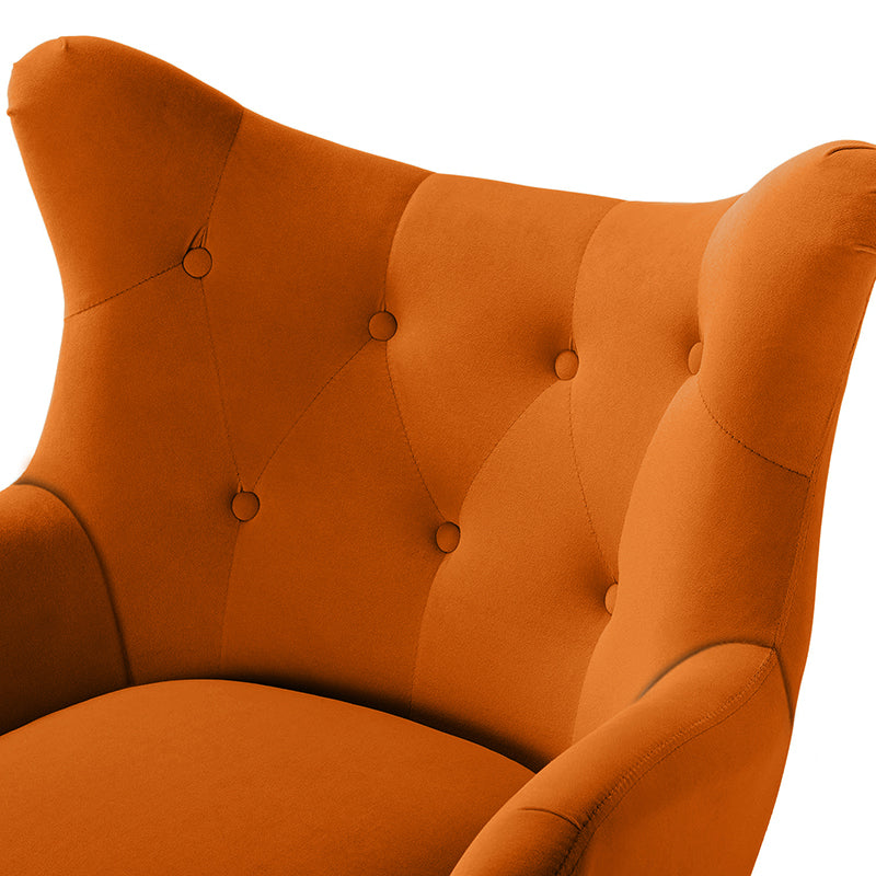 Fauteuil à oreilles en velours capitonné avec accoudoirs évasés, rembourrage en mousse et pieds en métal doré | Bleu marine / Orange / Moutarde / Sarcelle / Noir / Ivoire / Vert / Havane / Sauge / Bleu / Fuchsia | Siège unique