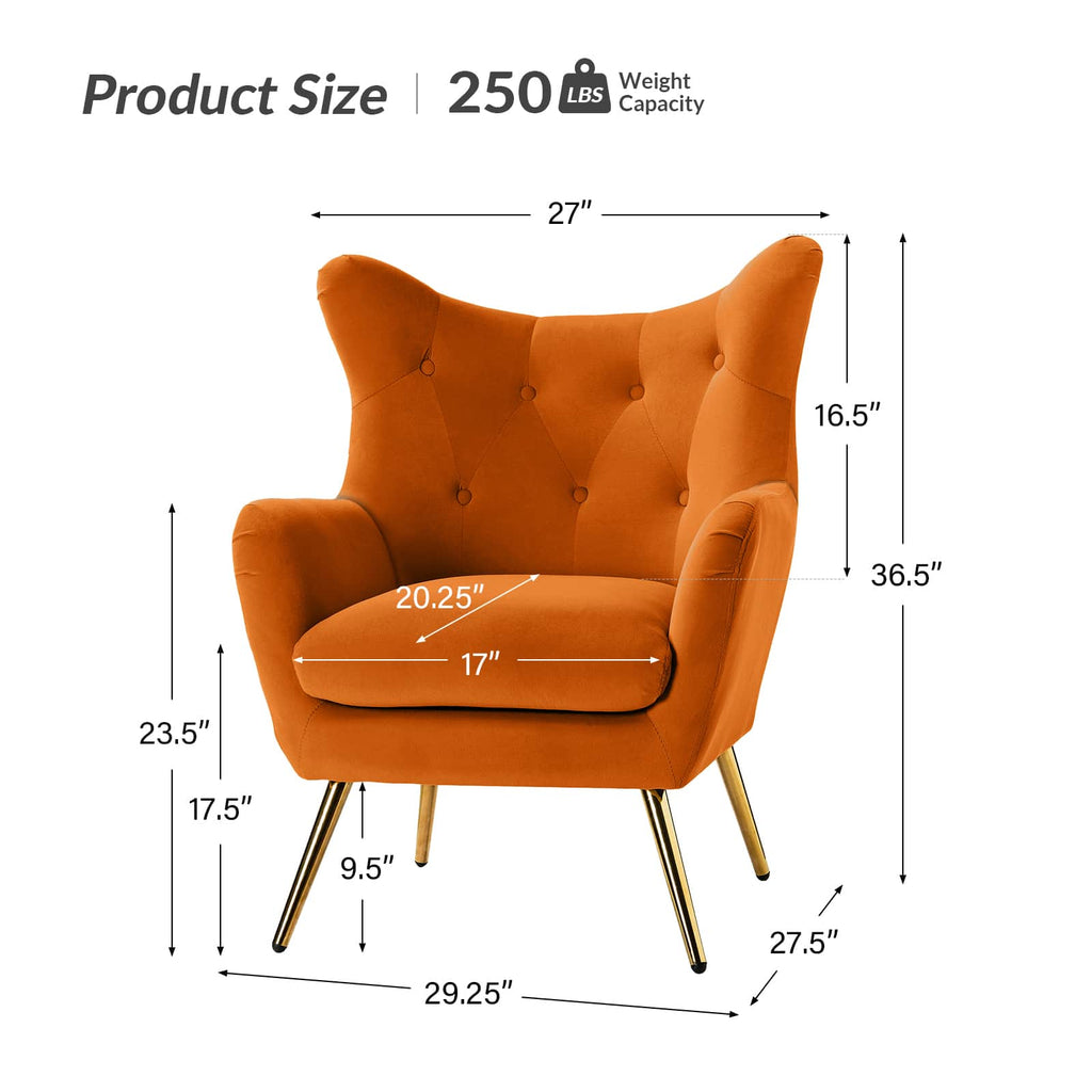 Fauteuil à oreilles en velours capitonné avec accoudoirs évasés, rembourrage en mousse et pieds en métal doré | Bleu marine / Orange / Moutarde / Sarcelle / Noir / Ivoire / Vert / Havane / Sauge / Bleu / Fuchsia | Siège unique