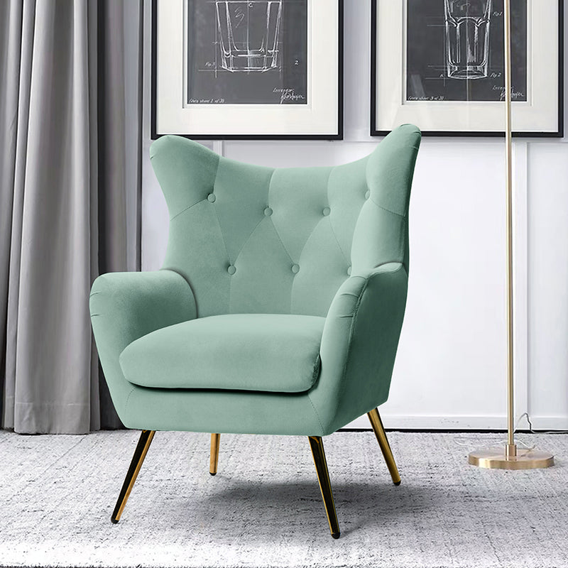 Fauteuil à oreilles en velours capitonné avec accoudoirs évasés, rembourrage en mousse et pieds en métal doré | Bleu marine / Orange / Moutarde / Sarcelle / Noir / Ivoire / Vert / Havane / Sauge / Bleu / Fuchsia | Siège unique