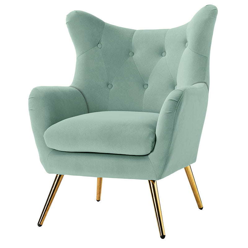 Fauteuil à oreilles en velours capitonné avec accoudoirs évasés, rembourrage en mousse et pieds en métal doré | Bleu marine / Orange / Moutarde / Sarcelle / Noir / Ivoire / Vert / Havane / Sauge / Bleu / Fuchsia | Siège unique