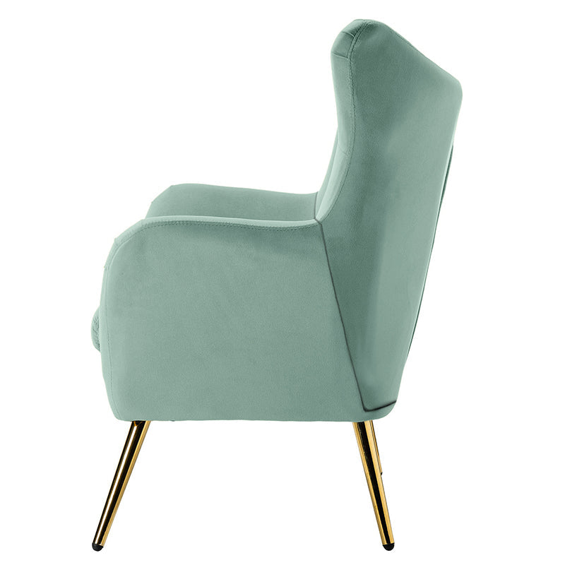Fauteuil à oreilles en velours capitonné avec accoudoirs évasés, rembourrage en mousse et pieds en métal doré | Bleu marine / Orange / Moutarde / Sarcelle / Noir / Ivoire / Vert / Havane / Sauge / Bleu / Fuchsia | Siège unique