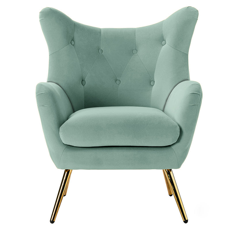 Fauteuil à oreilles en velours capitonné avec accoudoirs évasés, rembourrage en mousse et pieds en métal doré | Bleu marine / Orange / Moutarde / Sarcelle / Noir / Ivoire / Vert / Havane / Sauge / Bleu / Fuchsia | Siège unique