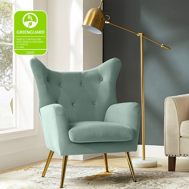 Fauteuil à oreilles en velours capitonné avec accoudoirs évasés, rembourrage en mousse et pieds en métal doré | Bleu marine / Orange / Moutarde / Sarcelle / Noir / Ivoire / Vert / Havane / Sauge / Bleu / Fuchsia | Siège unique