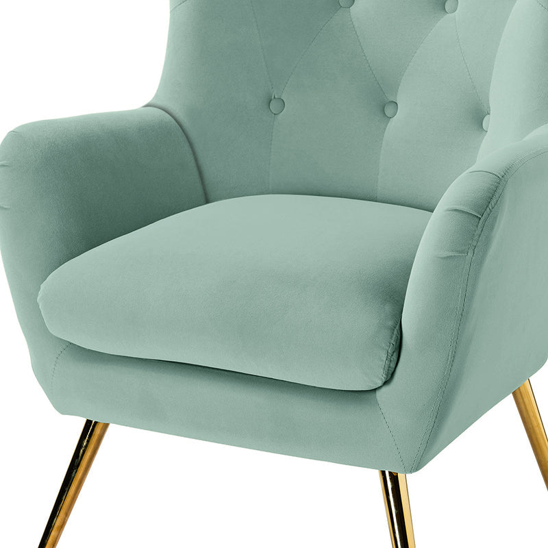 Fauteuil à oreilles en velours capitonné avec accoudoirs évasés, rembourrage en mousse et pieds en métal doré | Bleu marine / Orange / Moutarde / Sarcelle / Noir / Ivoire / Vert / Havane / Sauge / Bleu / Fuchsia | Siège unique