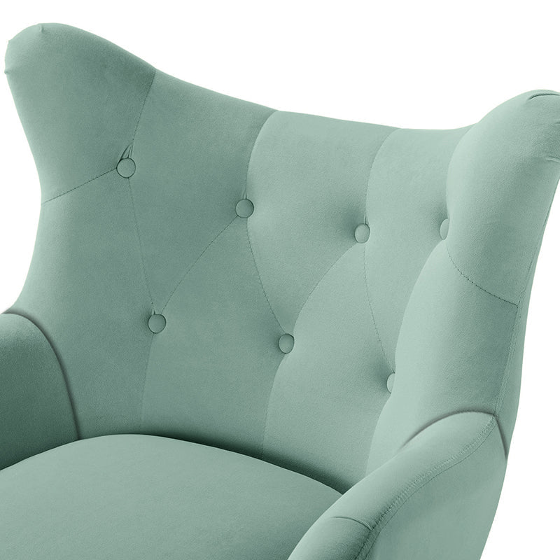Fauteuil à oreilles en velours capitonné avec accoudoirs évasés, rembourrage en mousse et pieds en métal doré | Bleu marine / Orange / Moutarde / Sarcelle / Noir / Ivoire / Vert / Havane / Sauge / Bleu / Fuchsia | Siège unique