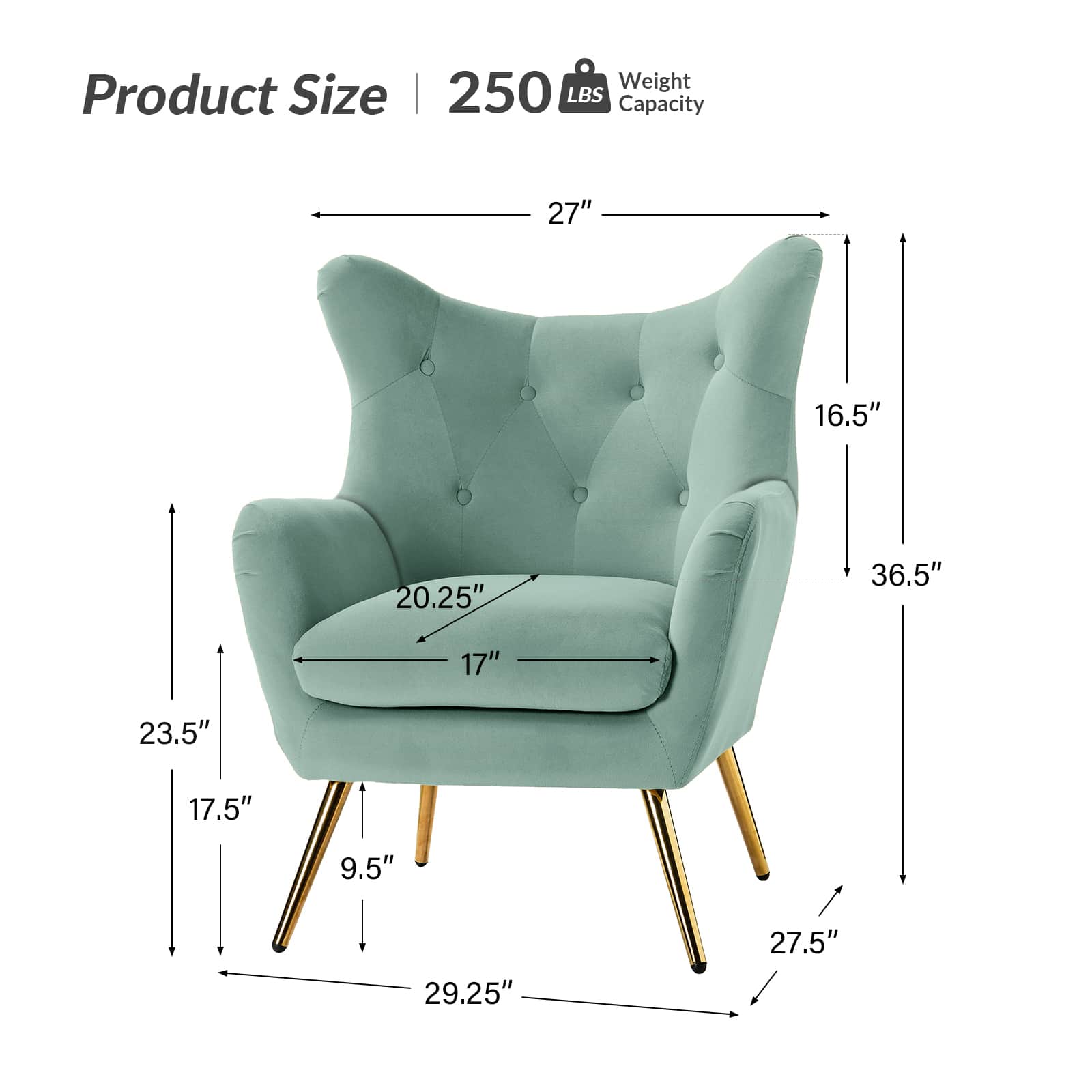 Fauteuil à oreilles en velours capitonné avec accoudoirs évasés, rembourrage en mousse et pieds en métal doré | Bleu marine / Orange / Moutarde / Sarcelle / Noir / Ivoire / Vert / Havane / Sauge / Bleu / Fuchsia | Siège unique