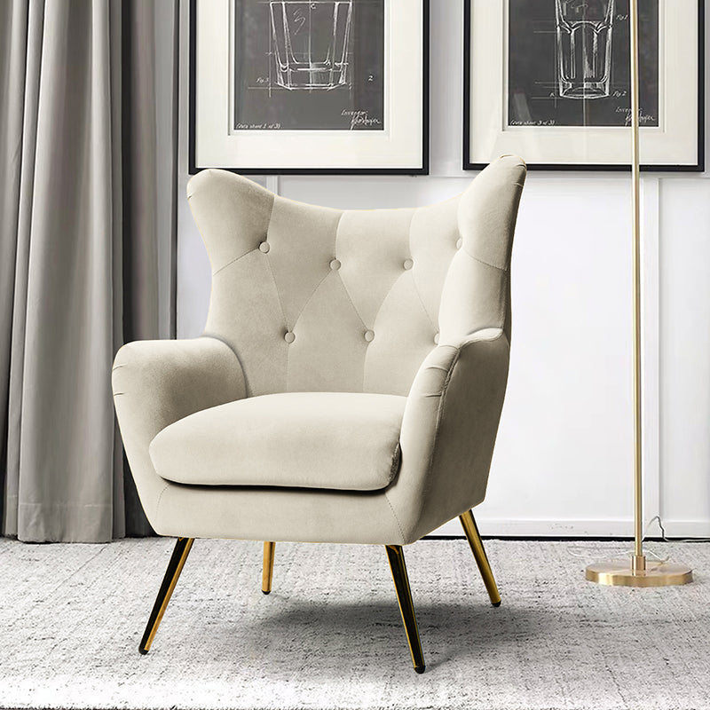 Fauteuil à oreilles en velours capitonné avec accoudoirs évasés, rembourrage en mousse et pieds en métal doré | Bleu marine / Orange / Moutarde / Sarcelle / Noir / Ivoire / Vert / Havane / Sauge / Bleu / Fuchsia | Siège unique