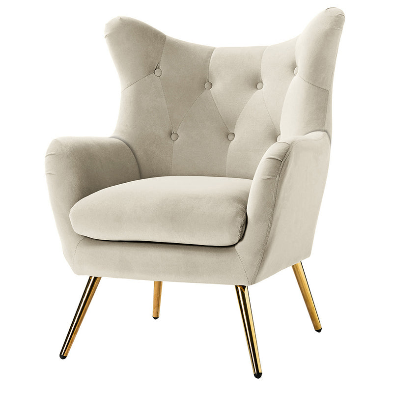 Fauteuil à oreilles en velours capitonné avec accoudoirs évasés, rembourrage en mousse et pieds en métal doré | Bleu marine / Orange / Moutarde / Sarcelle / Noir / Ivoire / Vert / Havane / Sauge / Bleu / Fuchsia | Siège unique