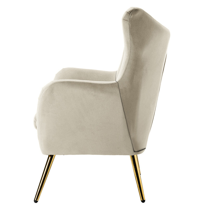 Fauteuil à oreilles en velours capitonné avec accoudoirs évasés, rembourrage en mousse et pieds en métal doré | Bleu marine / Orange / Moutarde / Sarcelle / Noir / Ivoire / Vert / Havane / Sauge / Bleu / Fuchsia | Siège unique