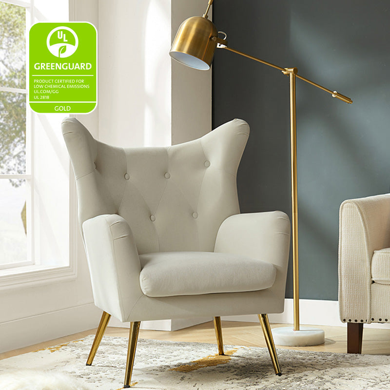 Fauteuil à oreilles en velours capitonné avec accoudoirs évasés, rembourrage en mousse et pieds en métal doré | Bleu marine / Orange / Moutarde / Sarcelle / Noir / Ivoire / Vert / Havane / Sauge / Bleu / Fuchsia | Siège unique
