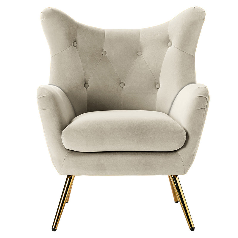 Fauteuil à oreilles en velours capitonné avec accoudoirs évasés, rembourrage en mousse et pieds en métal doré | Bleu marine / Orange / Moutarde / Sarcelle / Noir / Ivoire / Vert / Havane / Sauge / Bleu / Fuchsia | Siège unique