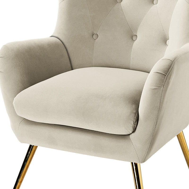Fauteuil à oreilles en velours capitonné avec accoudoirs évasés, rembourrage en mousse et pieds en métal doré | Bleu marine / Orange / Moutarde / Sarcelle / Noir / Ivoire / Vert / Havane / Sauge / Bleu / Fuchsia | Siège unique