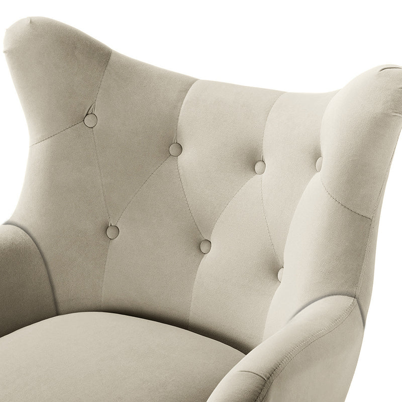 Fauteuil à oreilles en velours capitonné avec accoudoirs évasés, rembourrage en mousse et pieds en métal doré | Bleu marine / Orange / Moutarde / Sarcelle / Noir / Ivoire / Vert / Havane / Sauge / Bleu / Fuchsia | Siège unique