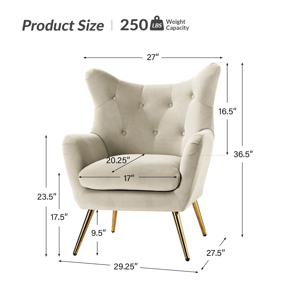 Fauteuil à oreilles en velours capitonné avec accoudoirs évasés, rembourrage en mousse et pieds en métal doré | Bleu marine / Orange / Moutarde / Sarcelle / Noir / Ivoire / Vert / Havane / Sauge / Bleu / Fuchsia | Siège unique