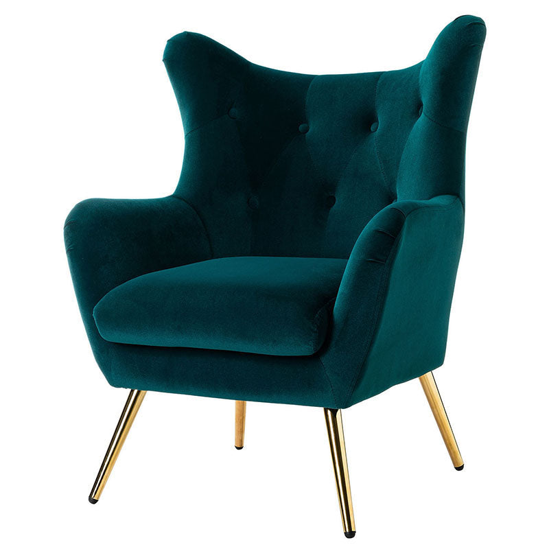 Fauteuil à oreilles en velours capitonné avec accoudoirs évasés, rembourrage en mousse et pieds en métal doré | Bleu marine / Orange / Moutarde / Sarcelle / Noir / Ivoire / Vert / Havane / Sauge / Bleu / Fuchsia | Siège unique