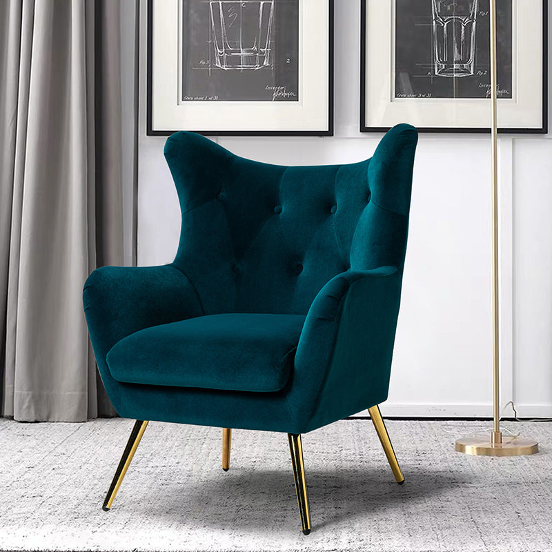 Fauteuil à oreilles en velours capitonné avec accoudoirs évasés, rembourrage en mousse et pieds en métal doré | Bleu marine / Orange / Moutarde / Sarcelle / Noir / Ivoire / Vert / Havane / Sauge / Bleu / Fuchsia | Siège unique