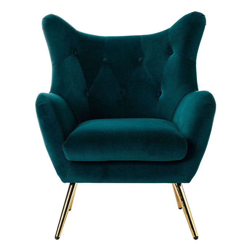 Fauteuil à oreilles en velours capitonné avec accoudoirs évasés, rembourrage en mousse et pieds en métal doré | Bleu marine / Orange / Moutarde / Sarcelle / Noir / Ivoire / Vert / Havane / Sauge / Bleu / Fuchsia | Siège unique