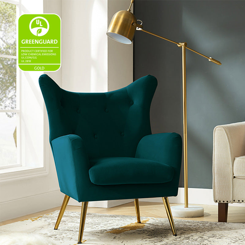 Fauteuil à oreilles en velours capitonné avec accoudoirs évasés, rembourrage en mousse et pieds en métal doré | Bleu marine / Orange / Moutarde / Sarcelle / Noir / Ivoire / Vert / Havane / Sauge / Bleu / Fuchsia | Siège unique