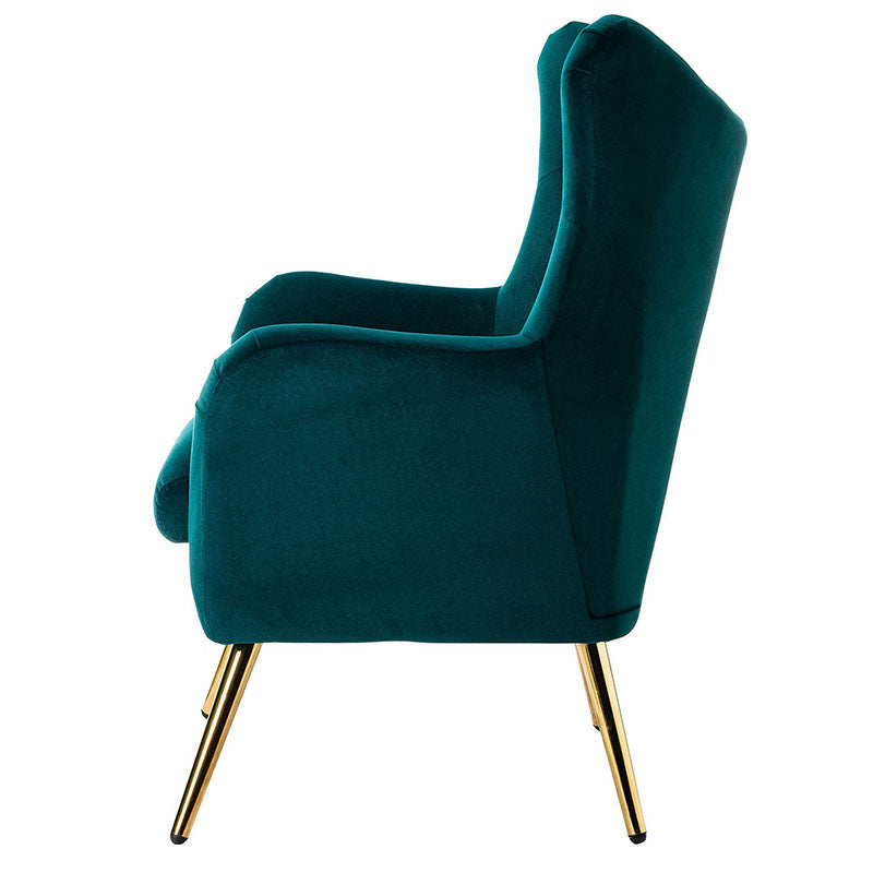 Fauteuil à oreilles en velours capitonné avec accoudoirs évasés, rembourrage en mousse et pieds en métal doré | Bleu marine / Orange / Moutarde / Sarcelle / Noir / Ivoire / Vert / Havane / Sauge / Bleu / Fuchsia | Siège unique
