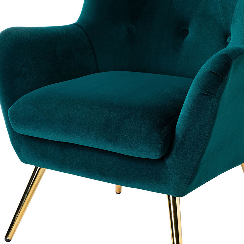 Fauteuil à oreilles en velours capitonné avec accoudoirs évasés, rembourrage en mousse et pieds en métal doré | Bleu marine / Orange / Moutarde / Sarcelle / Noir / Ivoire / Vert / Havane / Sauge / Bleu / Fuchsia | Siège unique