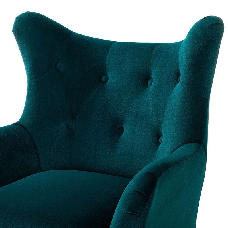 Fauteuil à oreilles en velours capitonné avec accoudoirs évasés, rembourrage en mousse et pieds en métal doré | Bleu marine / Orange / Moutarde / Sarcelle / Noir / Ivoire / Vert / Havane / Sauge / Bleu / Fuchsia | Siège unique