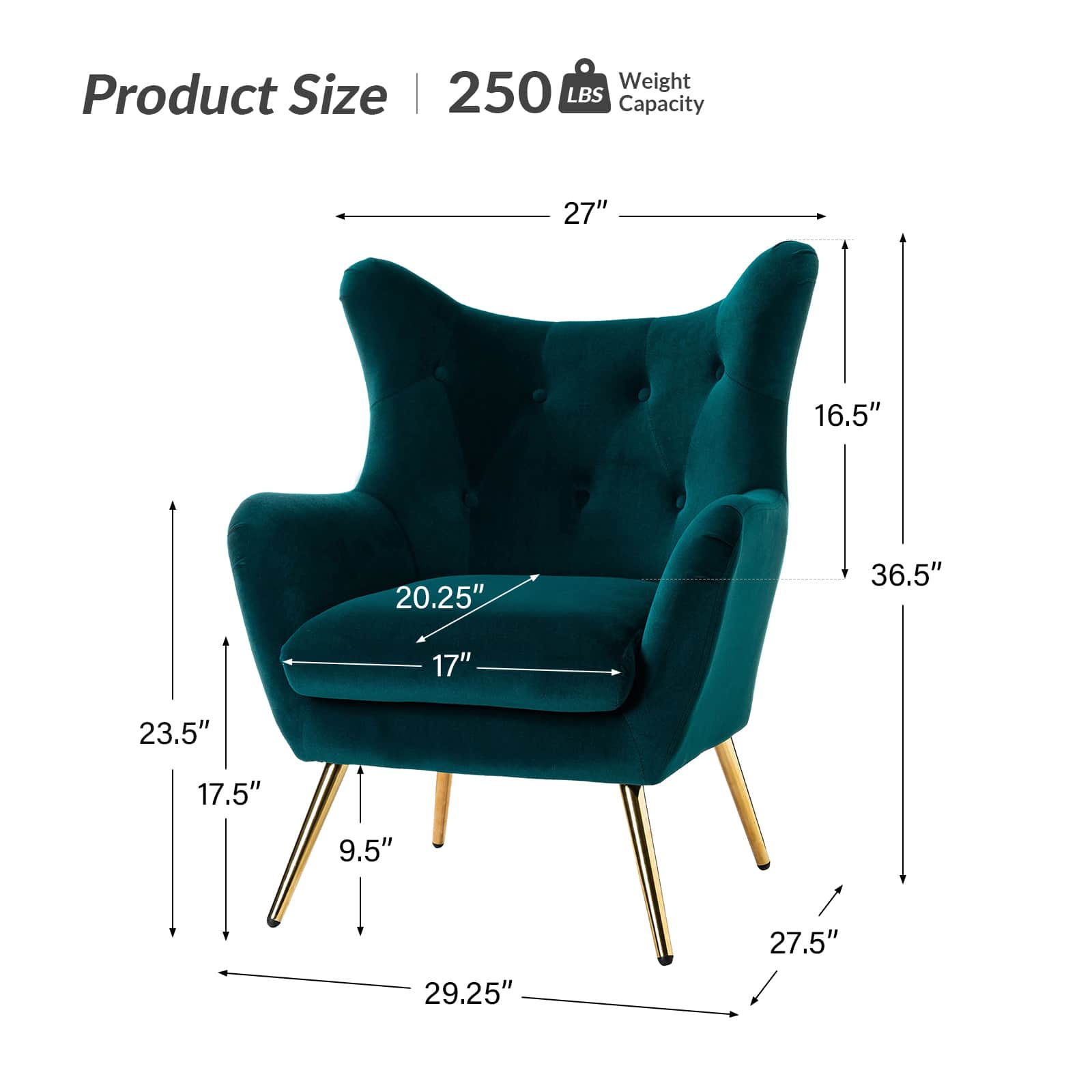Fauteuil à oreilles en velours capitonné avec accoudoirs évasés, rembourrage en mousse et pieds en métal doré | Bleu marine / Orange / Moutarde / Sarcelle / Noir / Ivoire / Vert / Havane / Sauge / Bleu / Fuchsia | Siège unique