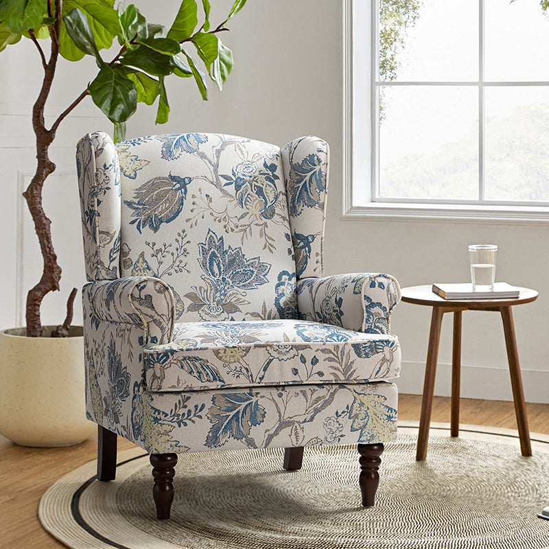 Fauteuil à oreilles avec revêtement en lin, coton et viscose, rembourrage en mousse et ressorts ensachés | Fauve / Bleu / Vert / Brocart | Monoplace