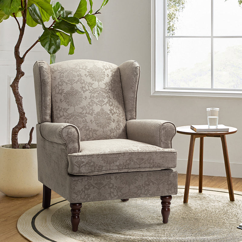 Fauteuil à oreilles avec revêtement en lin, coton et viscose, rembourrage en mousse et ressorts ensachés | Fauve / Bleu / Vert / Brocart | Monoplace
