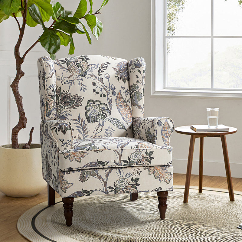 Fauteuil à oreilles avec revêtement en lin, coton et viscose, rembourrage en mousse et ressorts ensachés | Fauve / Bleu / Vert / Brocart | Monoplace