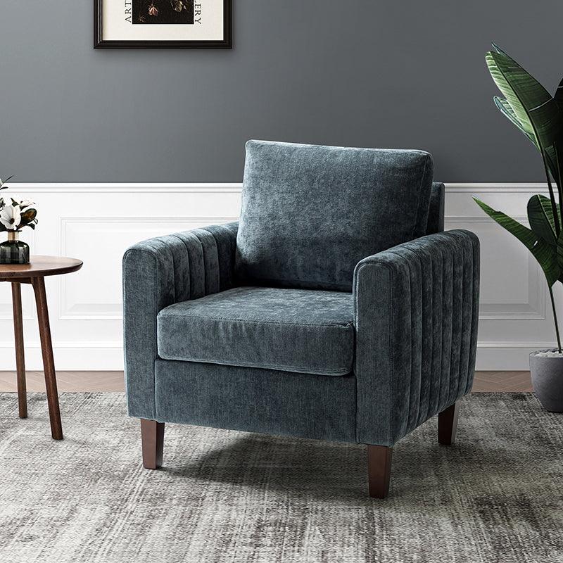 Fauteuil carré capitonné en polyester avec accoudoirs, garnissage en mousse et pieds en bois de noyer massif | Bleu marine | Une place
