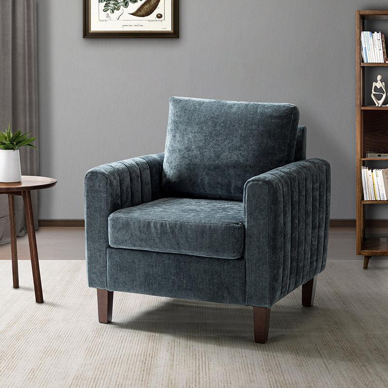 Fauteuil carré capitonné en polyester avec accoudoirs, garnissage en mousse et pieds en bois de noyer massif | Bleu marine | Une place