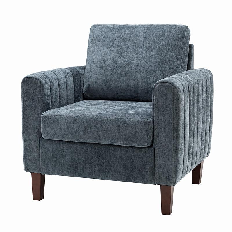 Fauteuil carré capitonné en polyester avec accoudoirs, garnissage en mousse et pieds en bois de noyer massif | Bleu marine | Une place