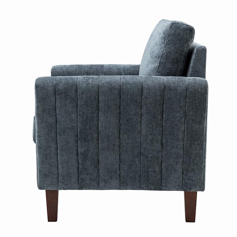 Fauteuil carré capitonné en polyester avec accoudoirs, garnissage en mousse et pieds en bois de noyer massif | Bleu marine | Une place