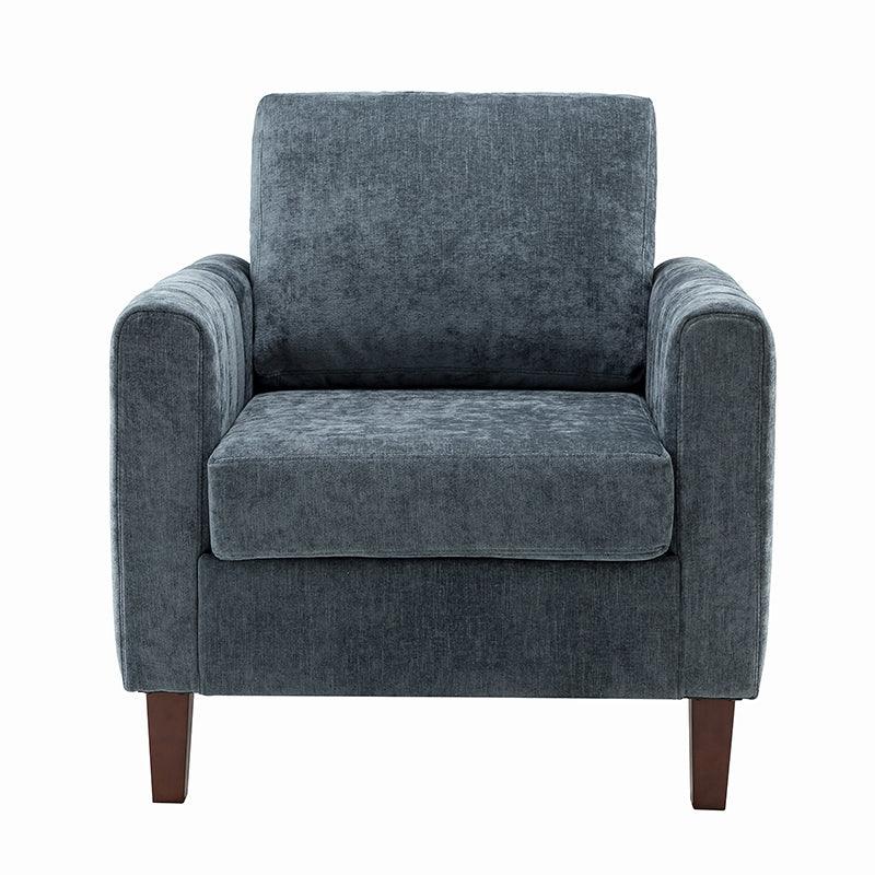Fauteuil carré capitonné en polyester avec accoudoirs, garnissage en mousse et pieds en bois de noyer massif | Bleu marine | Une place