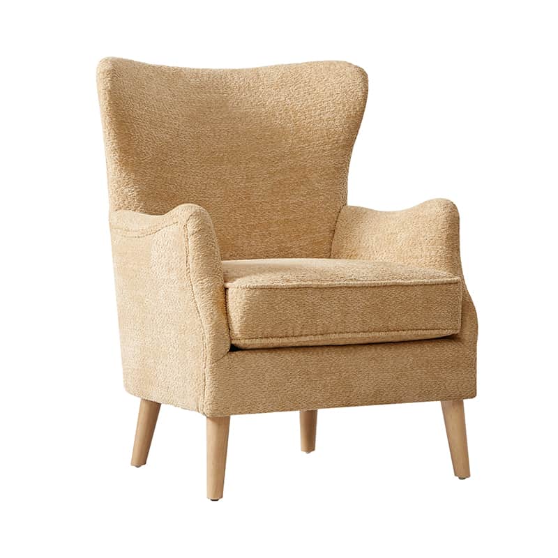 Fauteuil à oreilles avec accoudoirs encastrés, coussin amovible, garnissage en mousse et pieds en hévéa | Blanc / Ivoire / Gris / Chameau | Siège unique