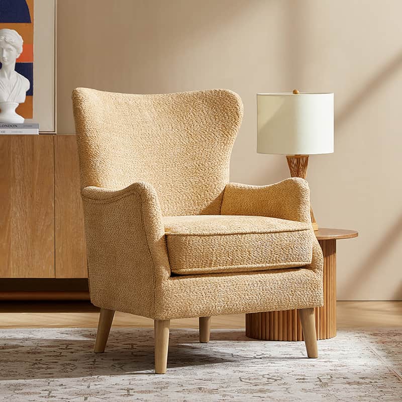 Fauteuil à oreilles avec accoudoirs encastrés, coussin amovible, garnissage en mousse et pieds en hévéa | Blanc / Ivoire / Gris / Chameau | Siège unique
