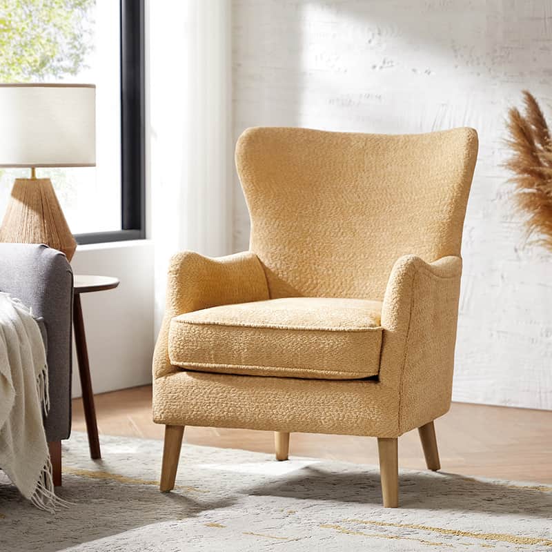Fauteuil à oreilles avec accoudoirs encastrés, coussin amovible, garnissage en mousse et pieds en hévéa | Blanc / Ivoire / Gris / Chameau | Siège unique