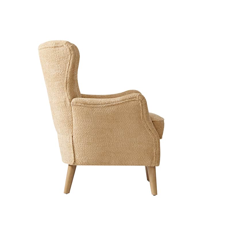 Fauteuil à oreilles avec accoudoirs encastrés, coussin amovible, garnissage en mousse et pieds en hévéa | Blanc / Ivoire / Gris / Chameau | Siège unique