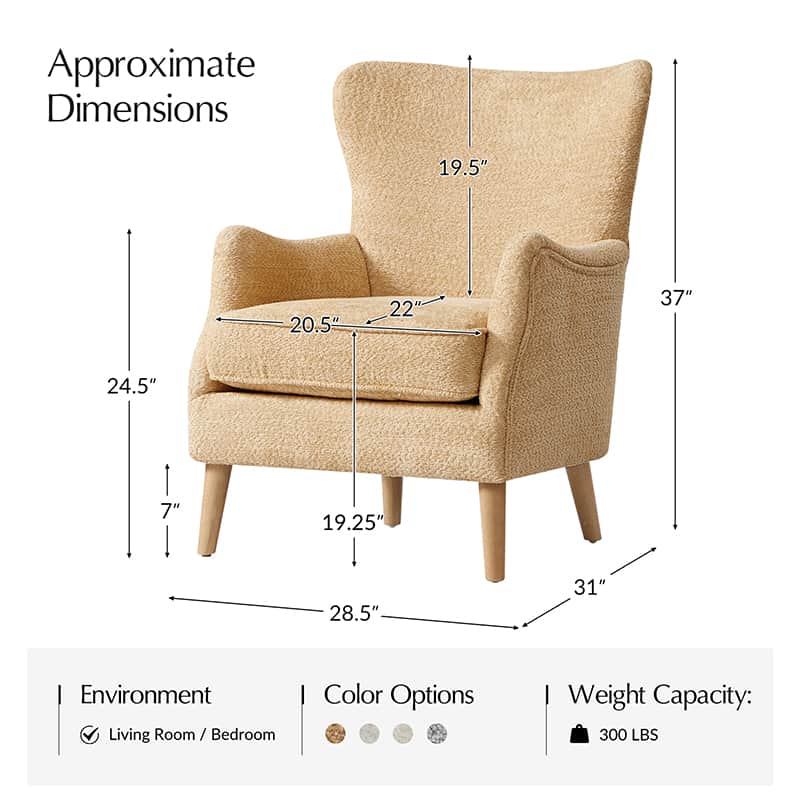Fauteuil à oreilles avec accoudoirs encastrés, coussin amovible, garnissage en mousse et pieds en hévéa | Blanc / Ivoire / Gris / Chameau | Siège unique