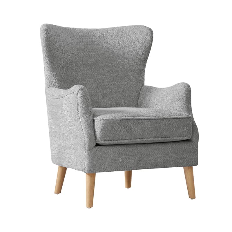 Fauteuil à oreilles avec accoudoirs encastrés, coussin amovible, garnissage en mousse et pieds en hévéa | Blanc / Ivoire / Gris / Chameau | Siège unique