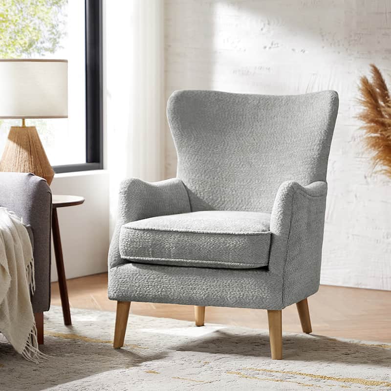 Fauteuil à oreilles avec accoudoirs encastrés, coussin amovible, garnissage en mousse et pieds en hévéa | Blanc / Ivoire / Gris / Chameau | Siège unique