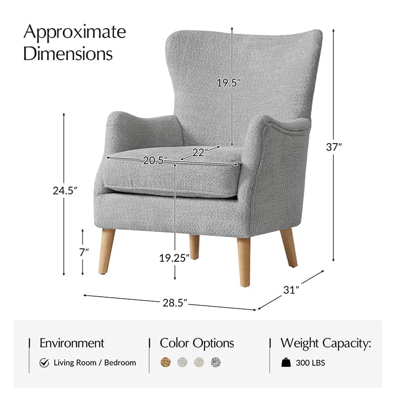 Fauteuil à oreilles avec accoudoirs encastrés, coussin amovible, garnissage en mousse et pieds en hévéa | Blanc / Ivoire / Gris / Chameau | Siège unique