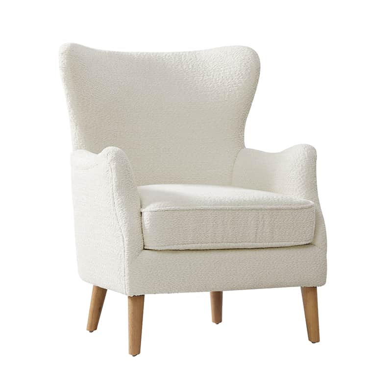Fauteuil à oreilles avec accoudoirs encastrés, coussin amovible, garnissage en mousse et pieds en hévéa | Blanc / Ivoire / Gris / Chameau | Siège unique