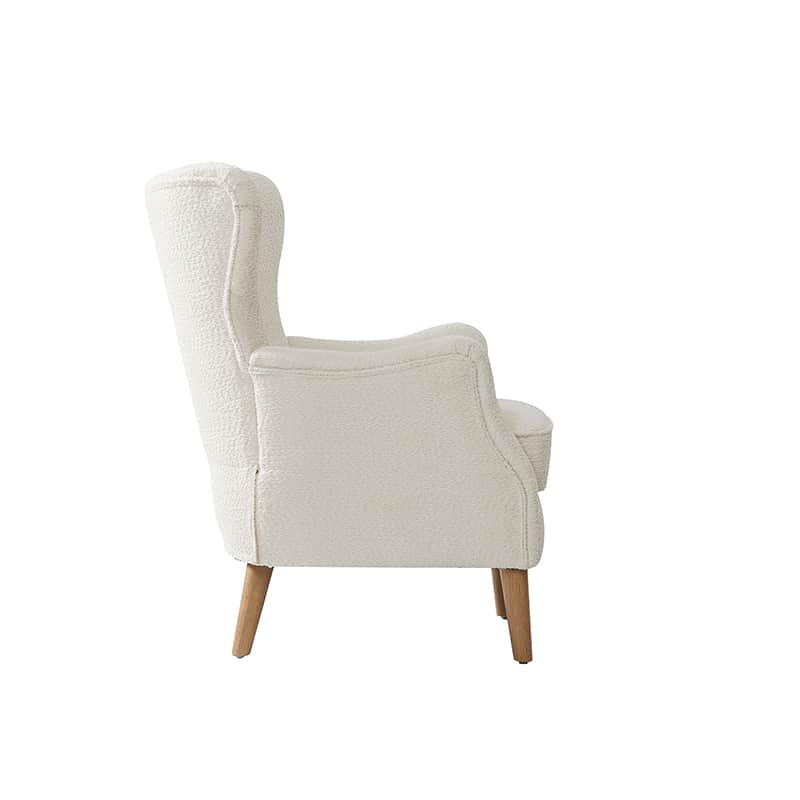 Fauteuil à oreilles avec accoudoirs encastrés, coussin amovible, garnissage en mousse et pieds en hévéa | Blanc / Ivoire / Gris / Chameau | Siège unique