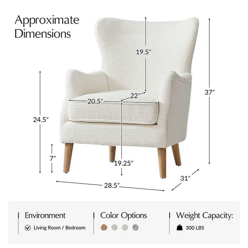Fauteuil à oreilles avec accoudoirs encastrés, coussin amovible, garnissage en mousse et pieds en hévéa | Blanc / Ivoire / Gris / Chameau | Siège unique