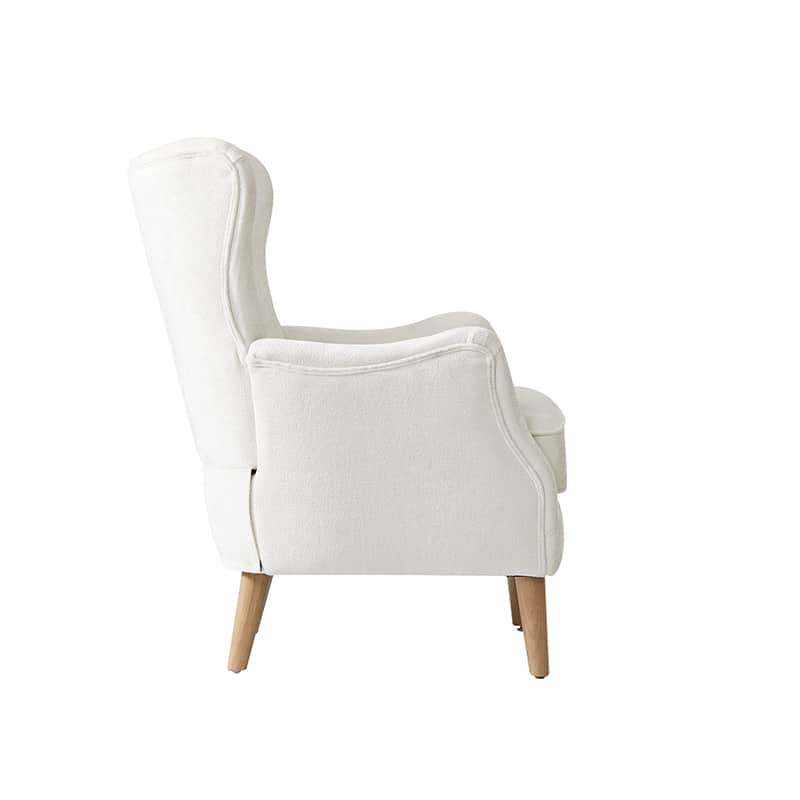 Fauteuil à oreilles avec accoudoirs encastrés, coussin amovible, garnissage en mousse et pieds en hévéa | Blanc / Ivoire / Gris / Chameau | Siège unique