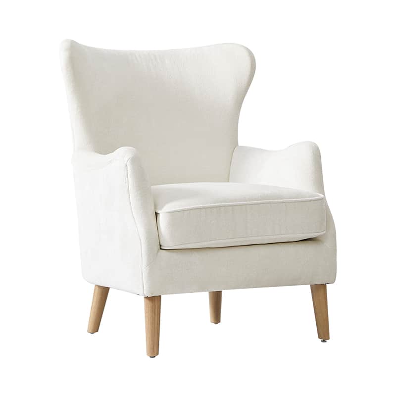 Fauteuil à oreilles avec accoudoirs encastrés, coussin amovible, garnissage en mousse et pieds en hévéa | Blanc / Ivoire / Gris / Chameau | Siège unique