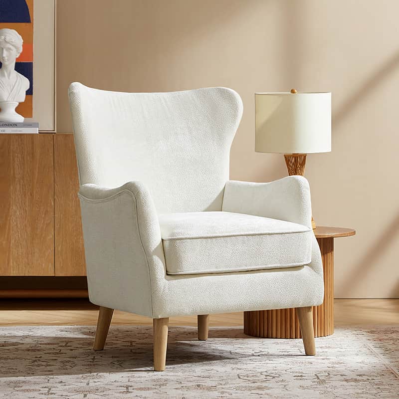 Fauteuil à oreilles avec accoudoirs encastrés, coussin amovible, garnissage en mousse et pieds en hévéa | Blanc / Ivoire / Gris / Chameau | Siège unique
